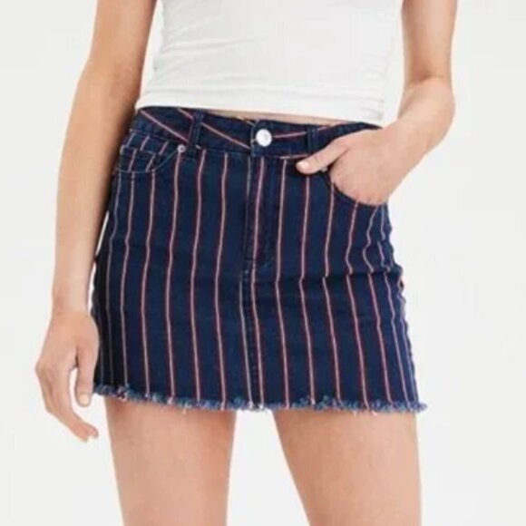 American Eagle AEO Blue Stripe Denim Hi-Rise Mini Skirt 2 - Picture 1 of 4